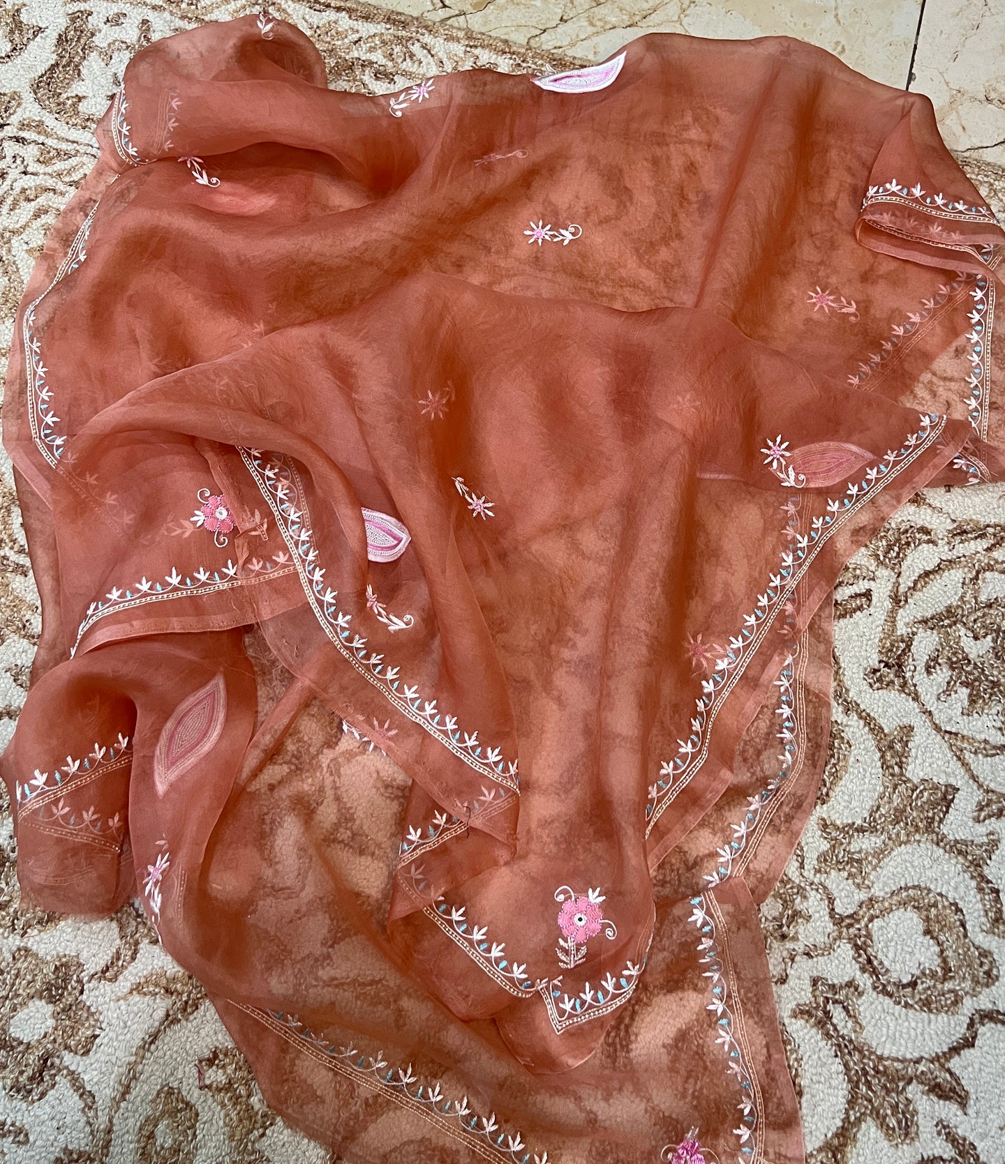 Ruhani Rusty Rose fine Chikankari pure Organza kurta with dupatta